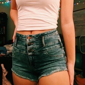 high waisted acid wash denim shorts